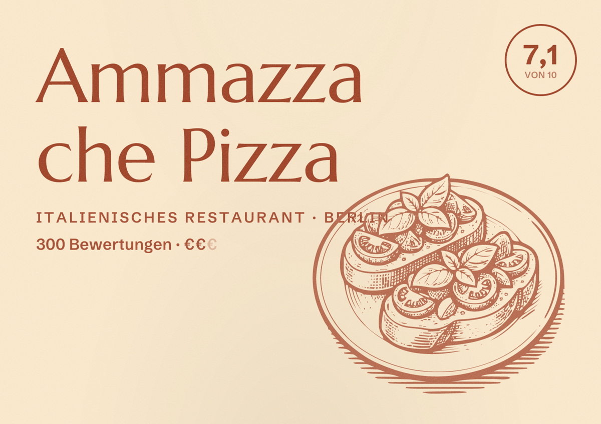 Illustriertes Poster von Ammazza che Pizza, Italienisches Restaurant in Berlin: Bewertung 7,1 von 10 aus 300 Bewertungen, Preisniveau €€