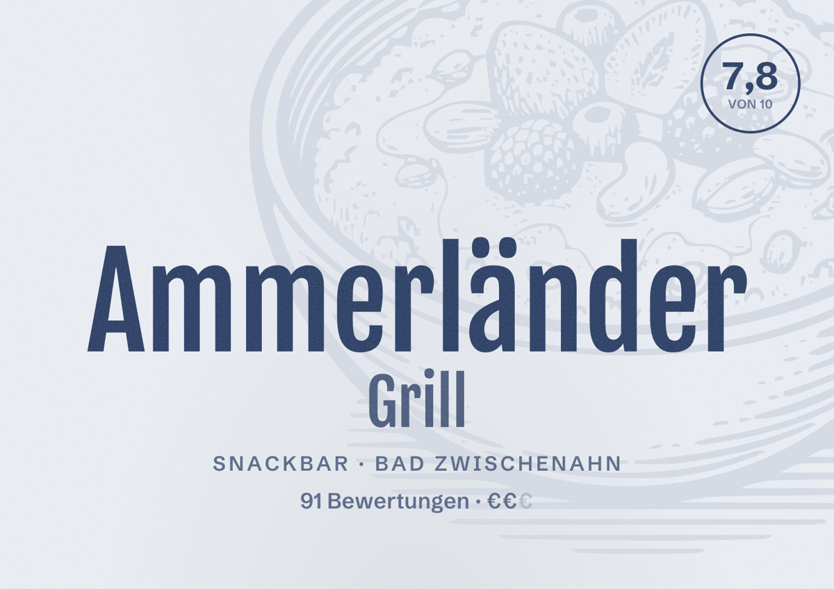 Illustriertes Poster von Ammerländer Grill, Snackbar in Bad Zwischenahn: Bewertung 7,8 von 10 aus 91 Bewertungen, Preisniveau €€