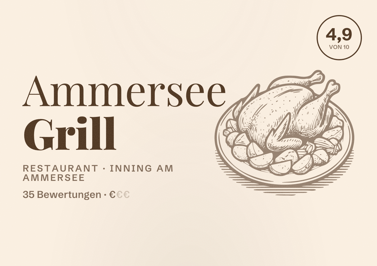 Illustriertes Poster von Ammersee Grill, Restaurant in Inning am Ammersee: Bewertung 4,9 von 10 aus 35 Bewertungen, Preisniveau €