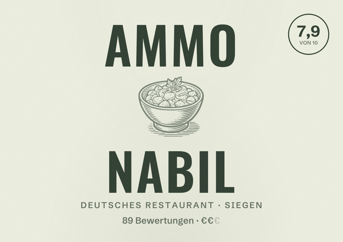 Illustriertes Poster von Ammo Nabil, Deutsches Restaurant in Siegen: Bewertung 7,9 von 10 aus 89 Bewertungen, Preisniveau €€