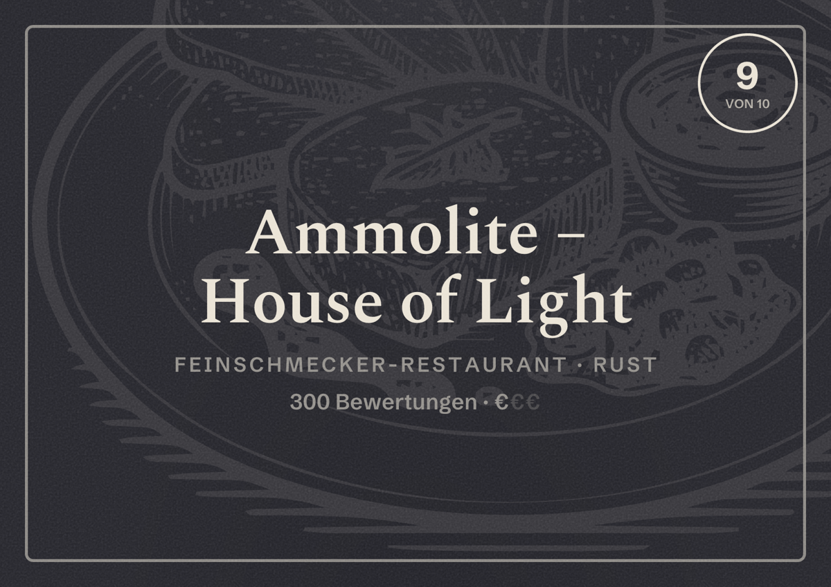 Illustriertes Poster von Ammolite – House of Light, Feinschmecker-Restaurant in Rust: Bewertung 9 von 10 aus 300 Bewertungen, Preisniveau €