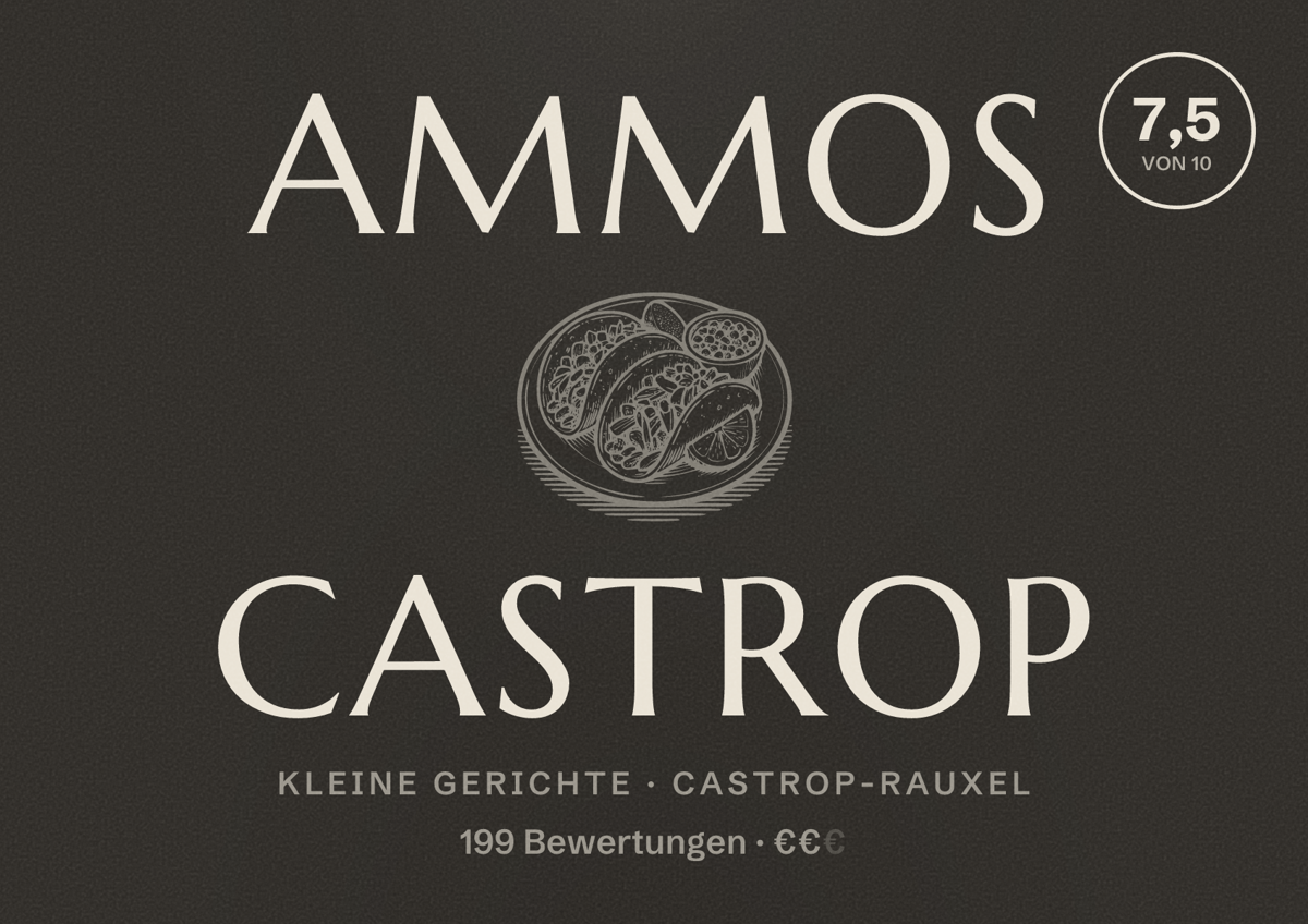 Illustriertes Poster von Ammos Castrop, Kleine Gerichte in Castrop-Rauxel: Bewertung 7,5 von 10 aus 199 Bewertungen, Preisniveau €€