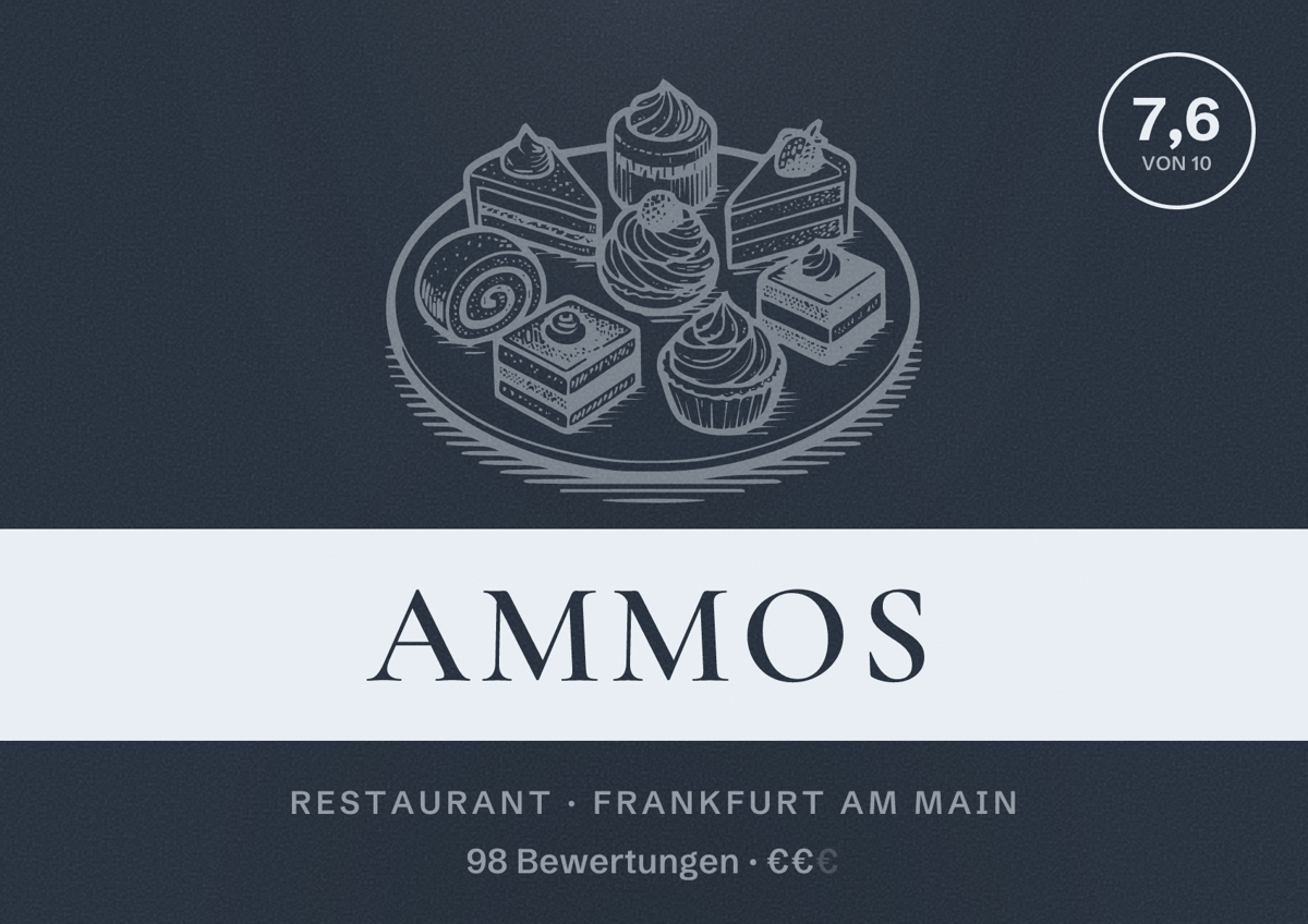 Illustriertes Poster von Ammos, Restaurant in Frankfurt am Main: Bewertung 7,6 von 10 aus 98 Bewertungen, Preisniveau €€