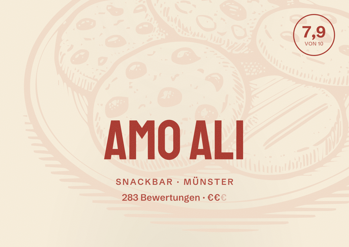 Illustriertes Poster von Amo Ali, Snackbar in Münster: Bewertung 7,9 von 10 aus 283 Bewertungen, Preisniveau €€