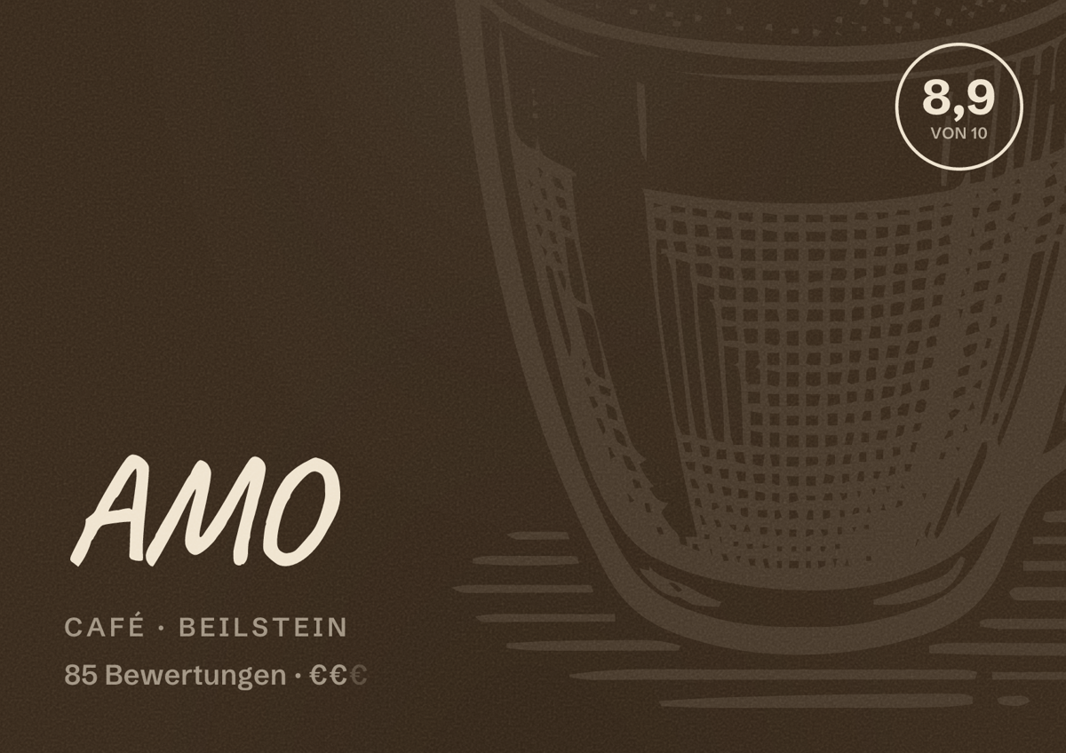 Illustriertes Poster von AMO, Café in Beilstein: Bewertung 8,9 von 10 aus 85 Bewertungen, Preisniveau €€