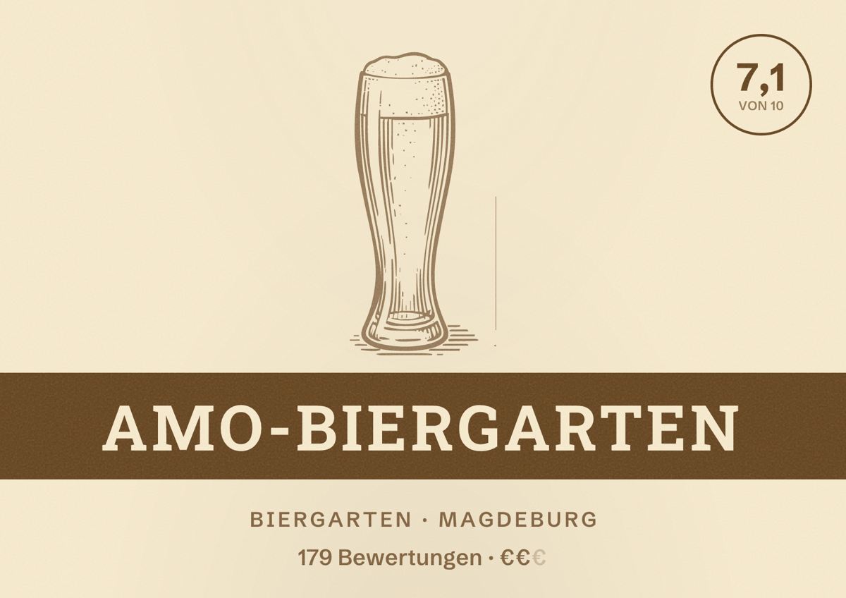 Illustriertes Poster von AMO-Biergarten, Biergarten in Magdeburg: Bewertung 7,1 von 10 aus 179 Bewertungen, Preisniveau €€