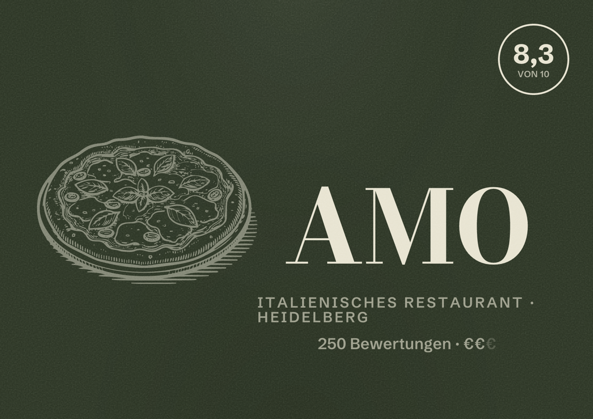 Illustriertes Poster von AMO, Italienisches Restaurant in Heidelberg: Bewertung 8,3 von 10 aus 250 Bewertungen, Preisniveau €€