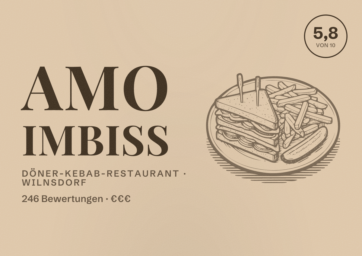 Illustriertes Poster von AMO Imbiss, Döner-Kebab-Restaurant in Wilnsdorf: Bewertung 5,8 von 10 aus 246 Bewertungen, Preisniveau €€€