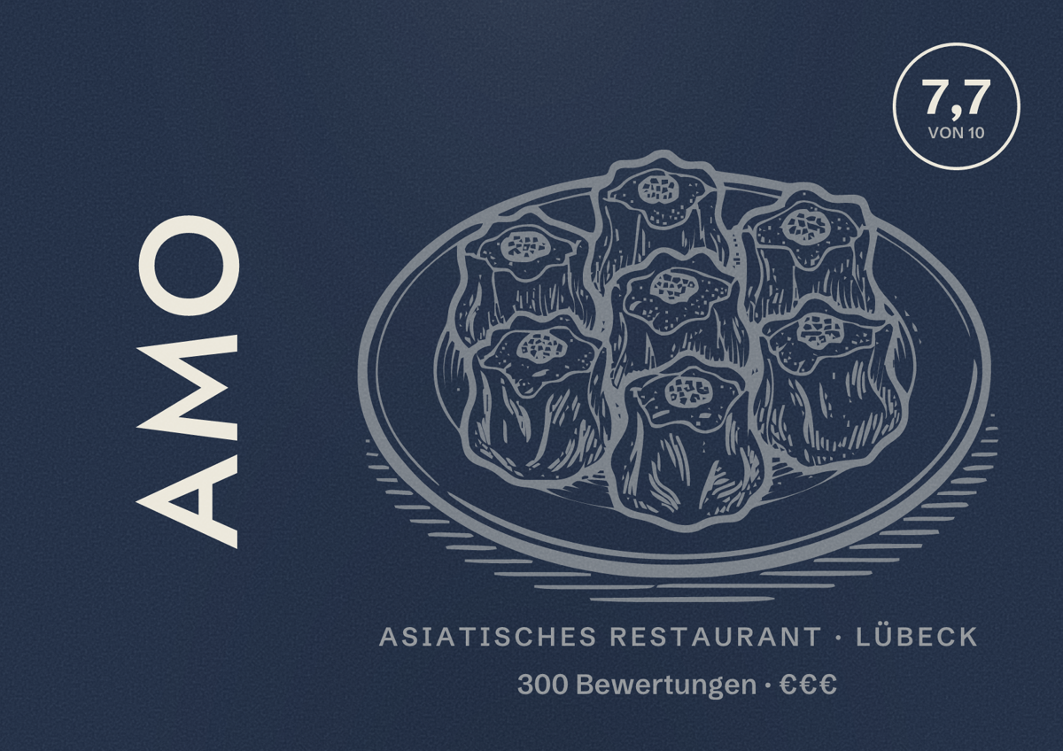 Illustriertes Poster von AMO, Asiatisches Restaurant in Lübeck: Bewertung 7,7 von 10 aus 300 Bewertungen, Preisniveau €€€