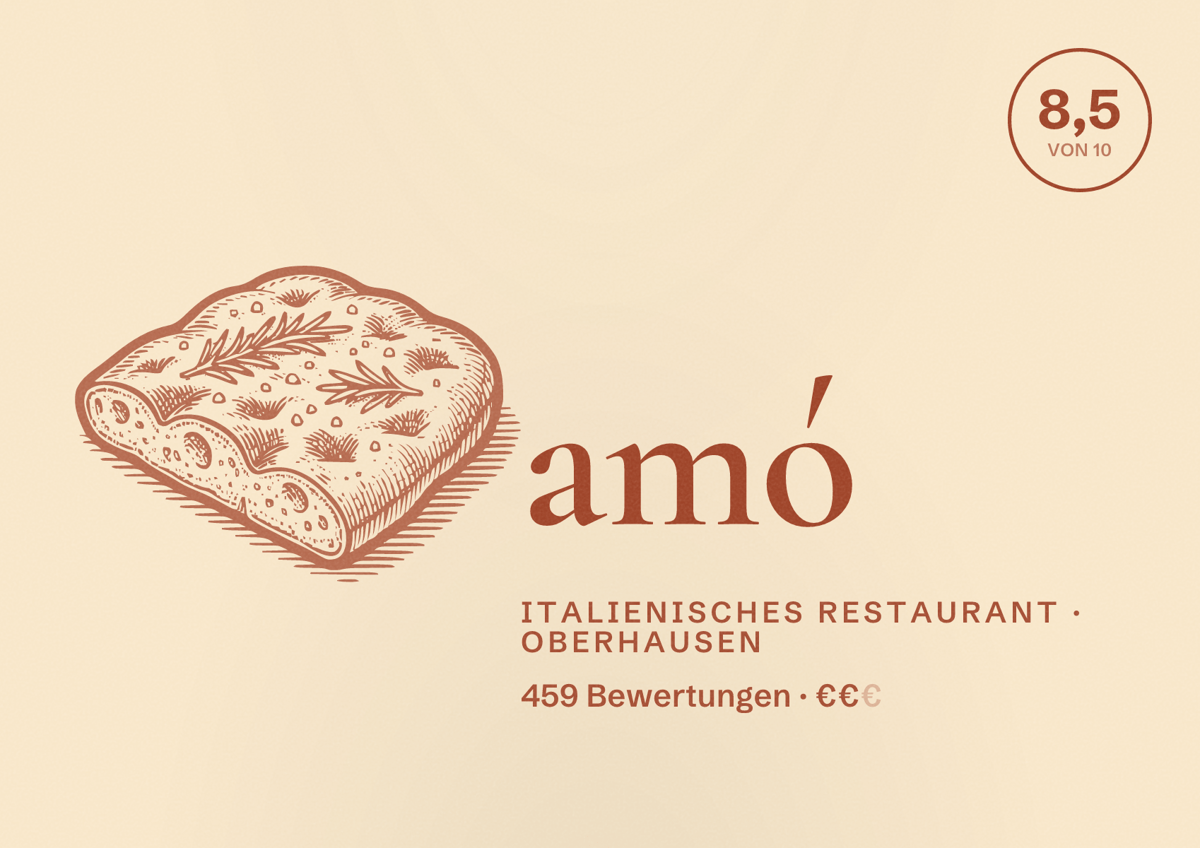 Illustriertes Poster von amó, Italienisches Restaurant in Oberhausen: Bewertung 8,5 von 10 aus 459 Bewertungen, Preisniveau €€