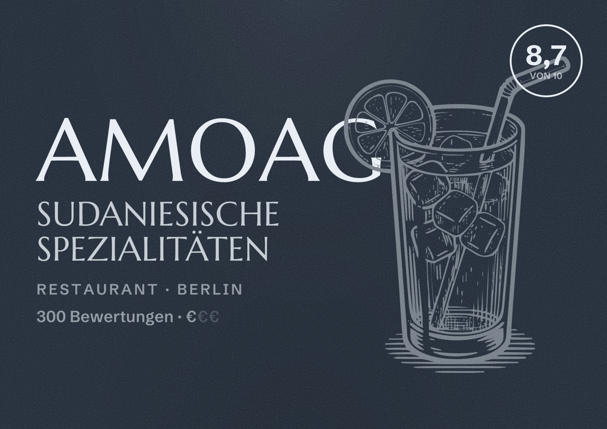 Illustriertes Poster von Amoag Sudaniesische Spezialitäten, Restaurant in Berlin: Bewertung 8,7 von 10 aus 300 Bewertungen, Preisniveau €