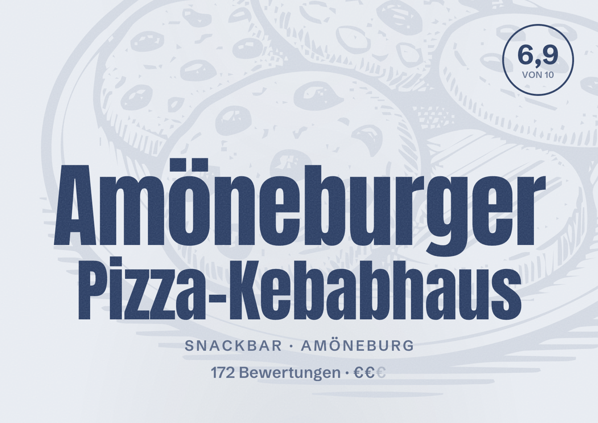 Illustriertes Poster von Amöneburger Pizza-Kebabhaus, Snackbar in Amöneburg: Bewertung 6,9 von 10 aus 172 Bewertungen, Preisniveau €€