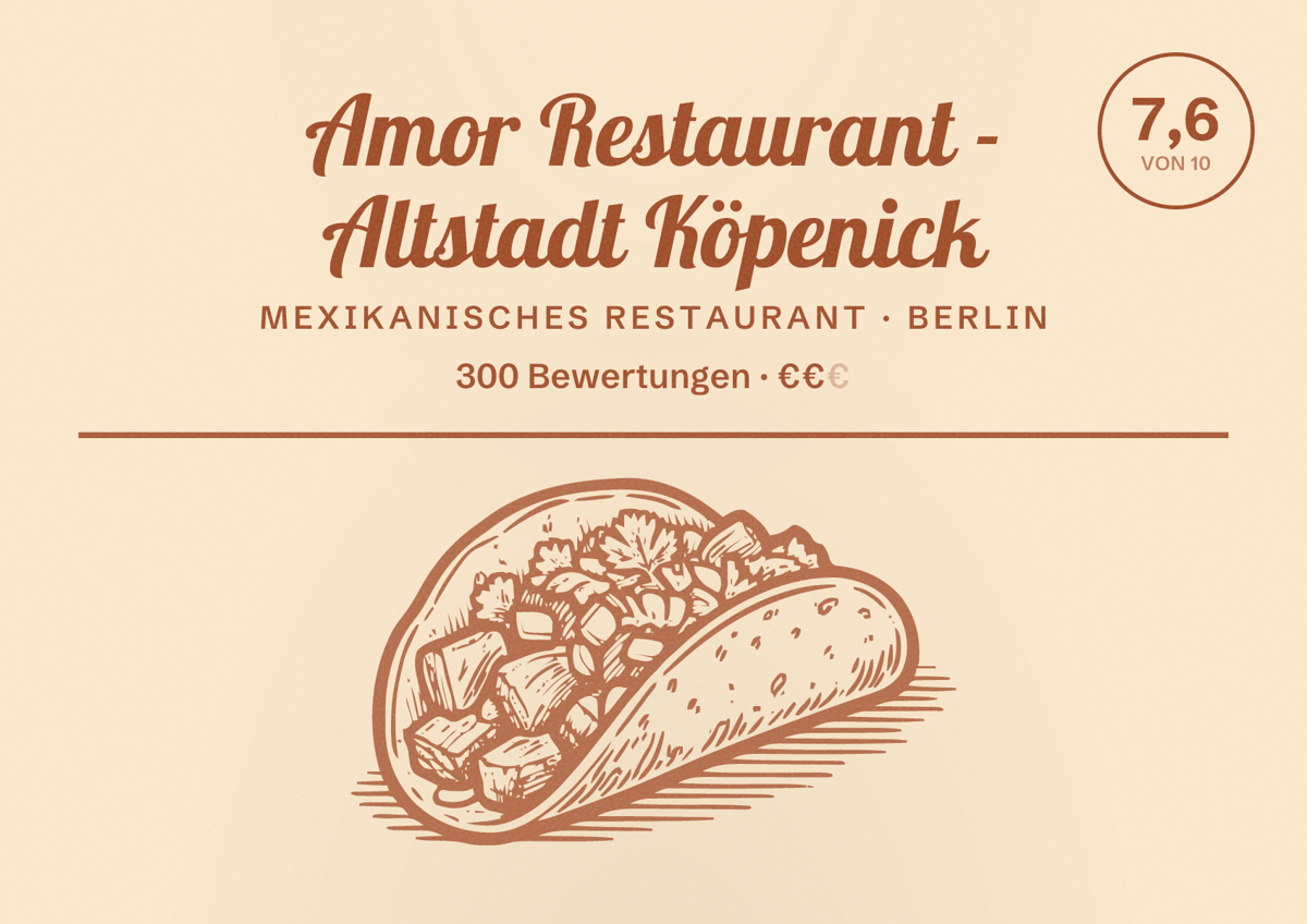 Illustriertes Poster von Amor Restaurant - Altstadt Köpenick, Mexikanisches Restaurant in Berlin: Bewertung 7,6 von 10 aus 300 Bewertungen, Preisniveau €€