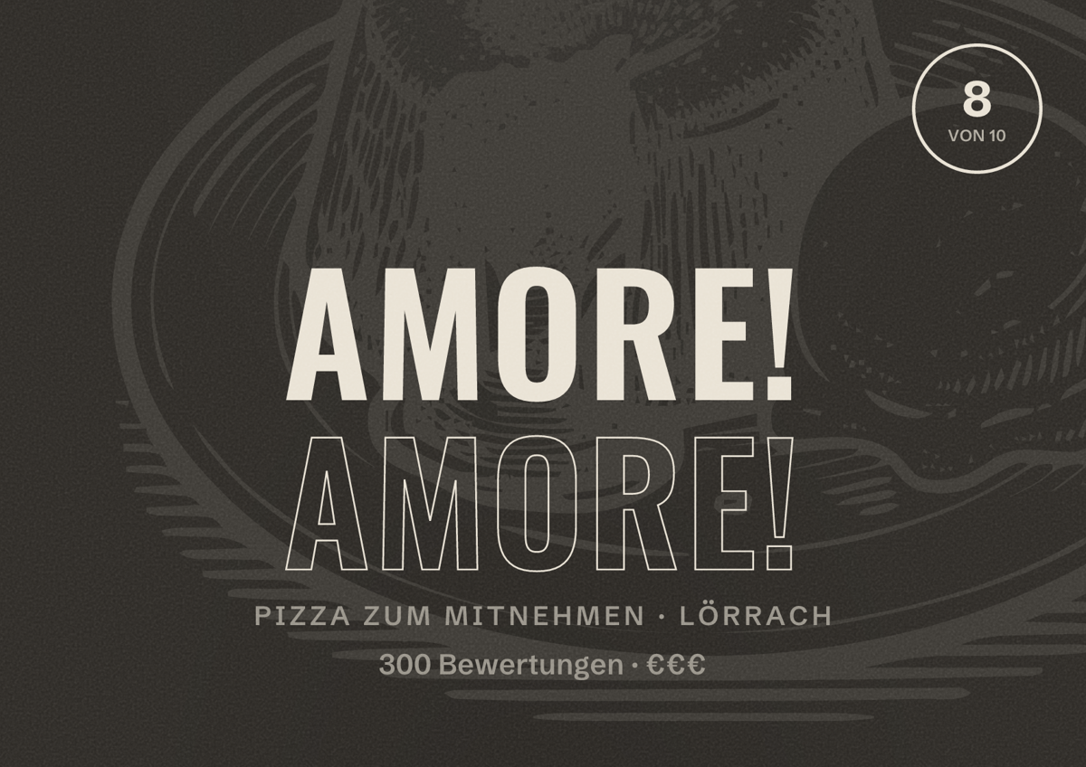 Illustriertes Poster von AMORE! AMORE!, Pizza zum Mitnehmen in Lörrach: Bewertung 8 von 10 aus 300 Bewertungen, Preisniveau €€€