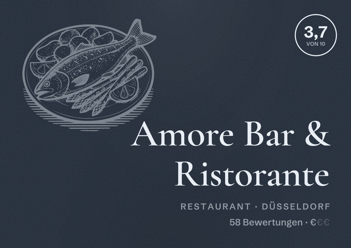 Illustriertes Poster von Amore Bar & Ristorante, Restaurant in Düsseldorf: Bewertung 3,7 von 10 aus 58 Bewertungen, Preisniveau €