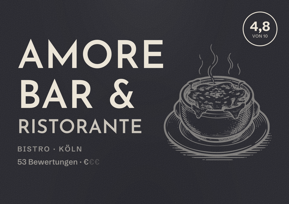 Illustriertes Poster von Amore Bar & Ristorante, Bistro in Köln: Bewertung 4,8 von 10 aus 53 Bewertungen, Preisniveau €