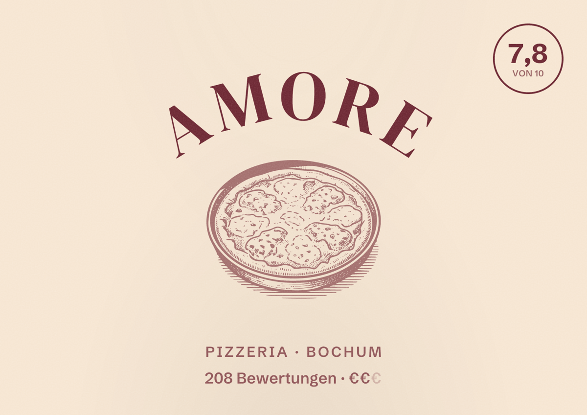 Illustriertes Poster von Amore, Pizzeria in Bochum: Bewertung 7,8 von 10 aus 208 Bewertungen, Preisniveau €€