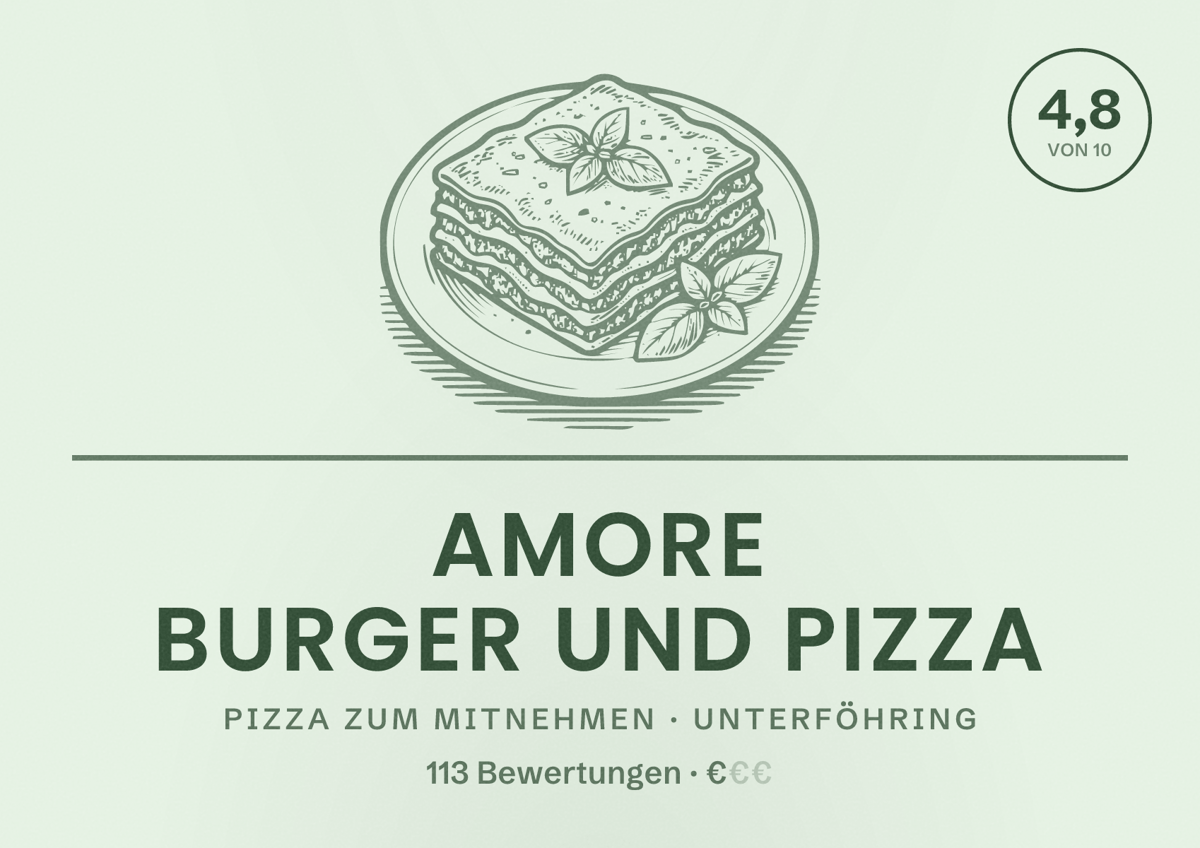 Illustriertes Poster von Amore Burger Und Pizza, Pizza zum Mitnehmen in Unterföhring: Bewertung 4,8 von 10 aus 113 Bewertungen, Preisniveau €