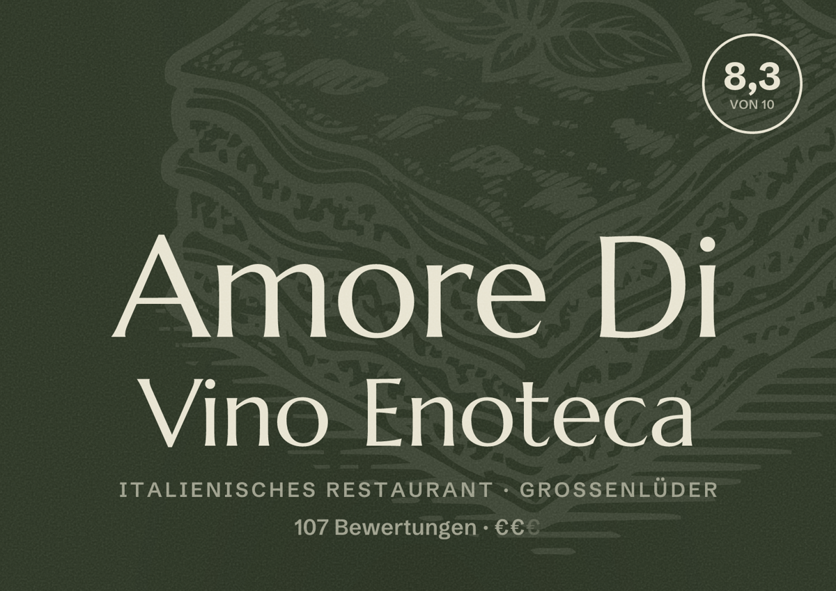 Illustriertes Poster von Amore Di Vino Enoteca, Italienisches Restaurant in Großenlüder: Bewertung 8,3 von 10 aus 107 Bewertungen, Preisniveau €€