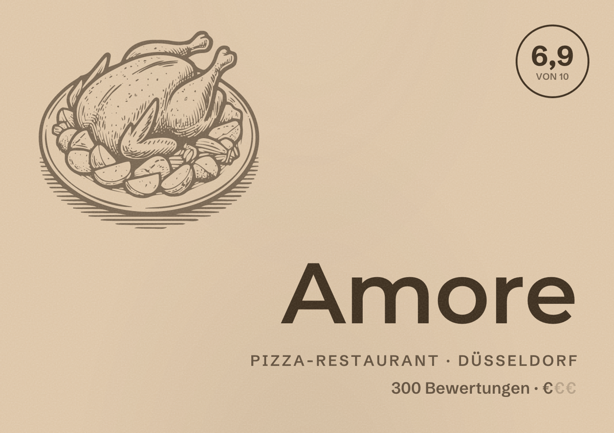 Illustriertes Poster von Amore, Pizza-Restaurant in Düsseldorf: Bewertung 6,9 von 10 aus 300 Bewertungen, Preisniveau €