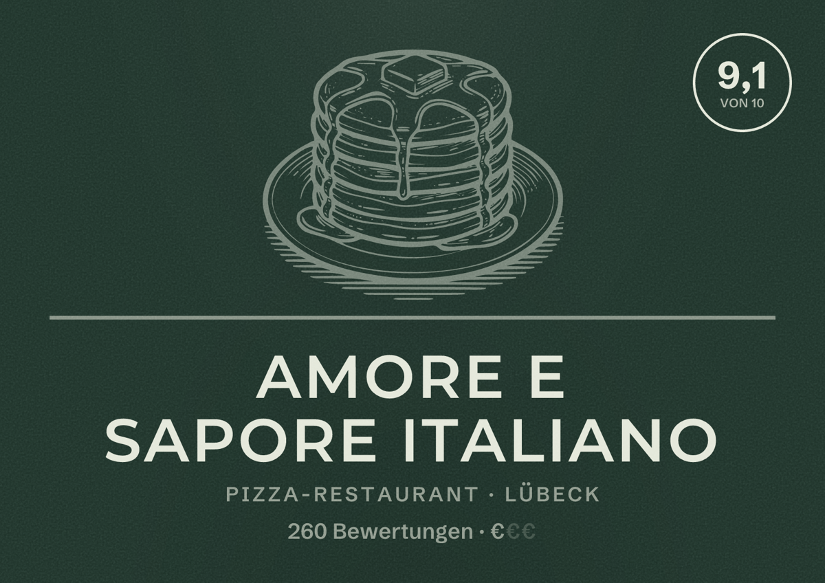 Illustriertes Poster von Amore e sapore italiano, Pizza-Restaurant in Lübeck: Bewertung 9,1 von 10 aus 260 Bewertungen, Preisniveau €