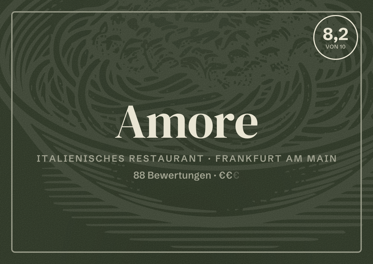 Illustriertes Poster von Amore, Italienisches Restaurant in Frankfurt am Main: Bewertung 8,2 von 10 aus 88 Bewertungen, Preisniveau €€