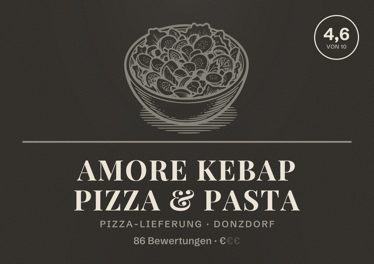 Illustriertes Poster von Amore Kebap Pizza & Pasta, Pizza-Lieferung in Donzdorf: Bewertung 4,6 von 10 aus 86 Bewertungen, Preisniveau €
