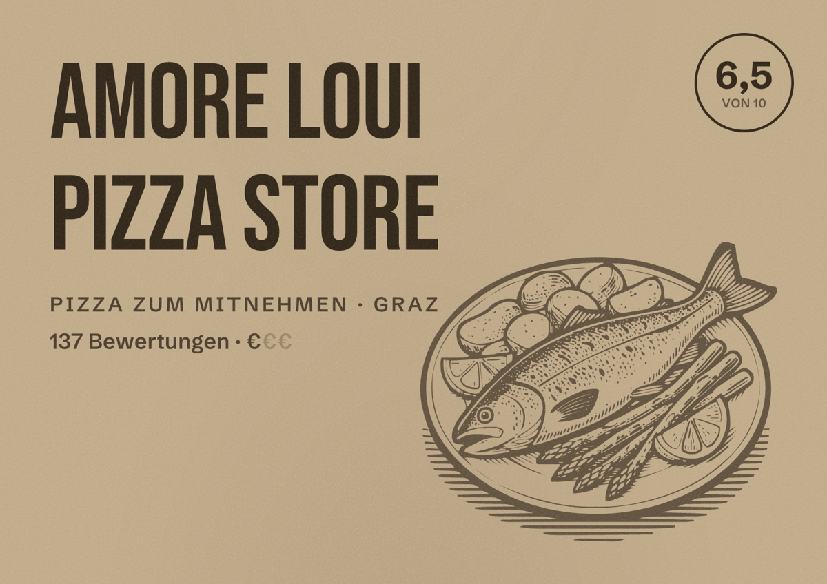 Illustriertes Poster von AMORE LOUI Pizza Store, Pizza zum Mitnehmen in Graz: Bewertung 6,5 von 10 aus 137 Bewertungen, Preisniveau €