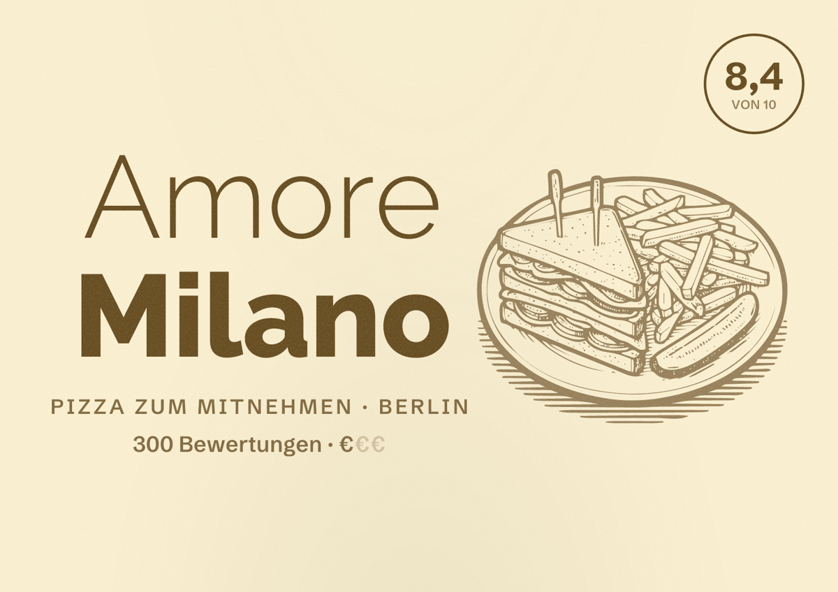 Illustriertes Poster von Amore Milano, Pizza zum Mitnehmen in Berlin: Bewertung 8,4 von 10 aus 300 Bewertungen, Preisniveau €
