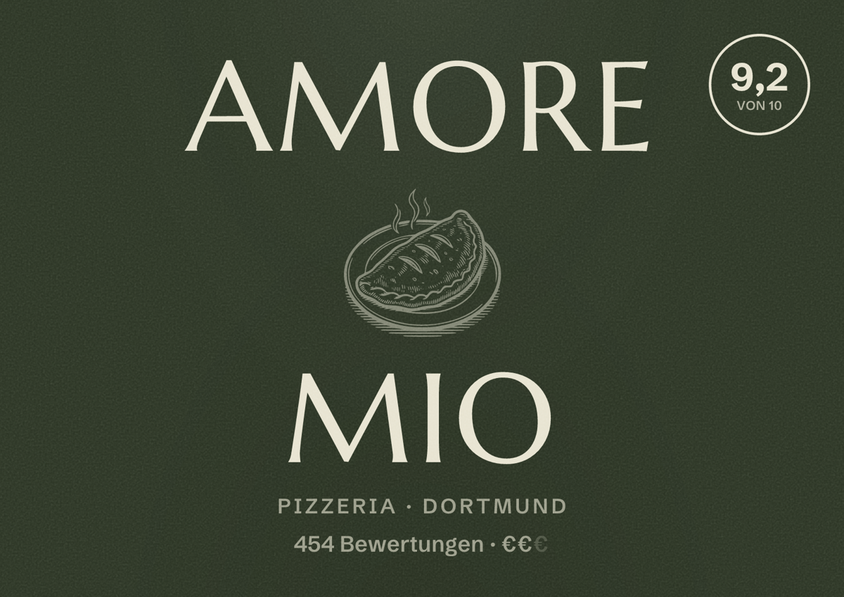 Illustriertes Poster von Amore Mio, Pizzeria in Dortmund: Bewertung 9,2 von 10 aus 454 Bewertungen, Preisniveau €€