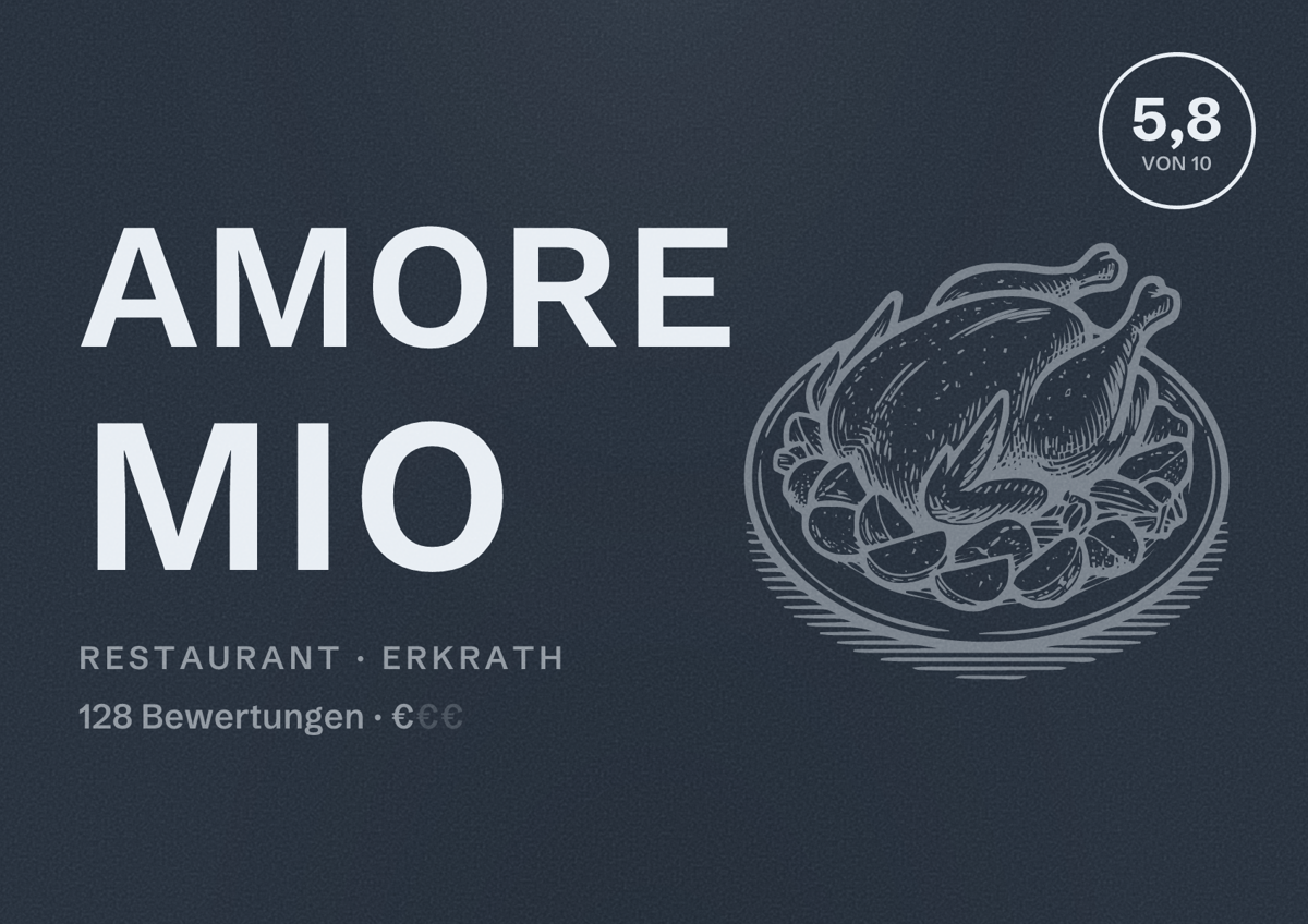 Illustriertes Poster von Amore Mio, Restaurant in Erkrath: Bewertung 5,8 von 10 aus 128 Bewertungen, Preisniveau €