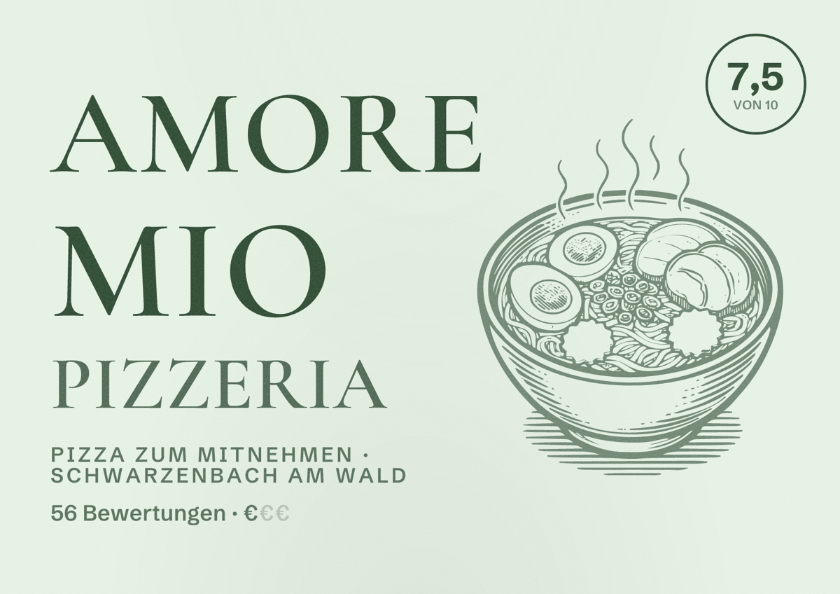 Illustriertes Poster von Amore Mio Pizzeria, Pizza zum Mitnehmen in Schwarzenbach am Wald: Bewertung 7,5 von 10 aus 56 Bewertungen, Preisniveau €
