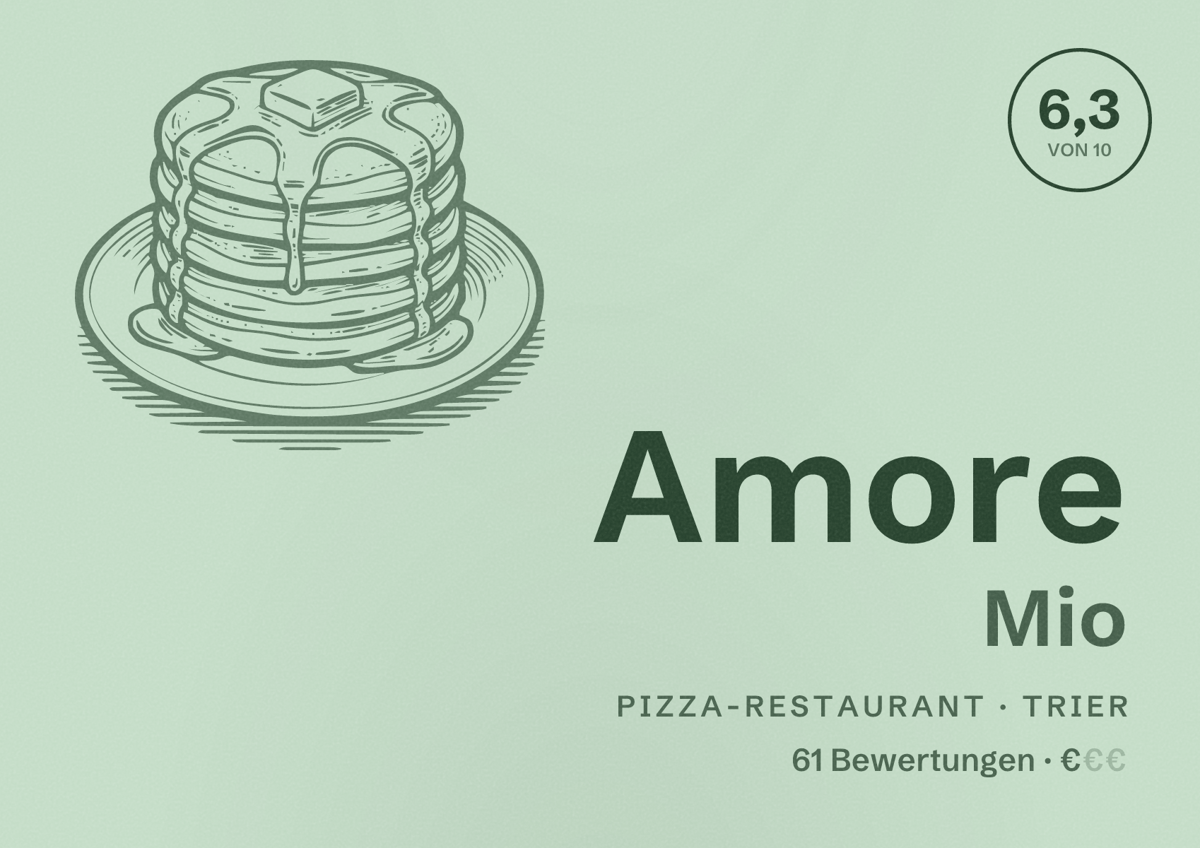 Illustriertes Poster von Amore Mio, Pizza-Restaurant in Trier: Bewertung 6,3 von 10 aus 61 Bewertungen, Preisniveau €