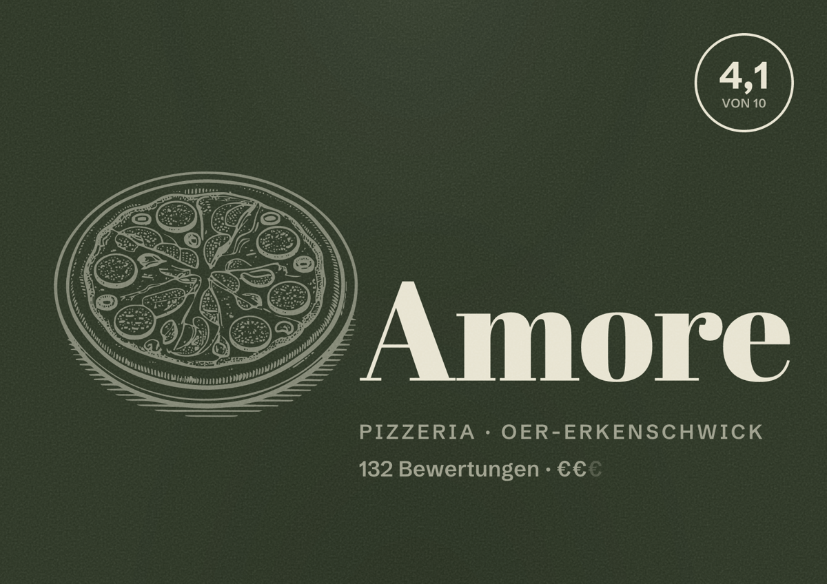 Illustriertes Poster von Amore, Pizzeria in Oer-Erkenschwick: Bewertung 4,1 von 10 aus 132 Bewertungen, Preisniveau €€