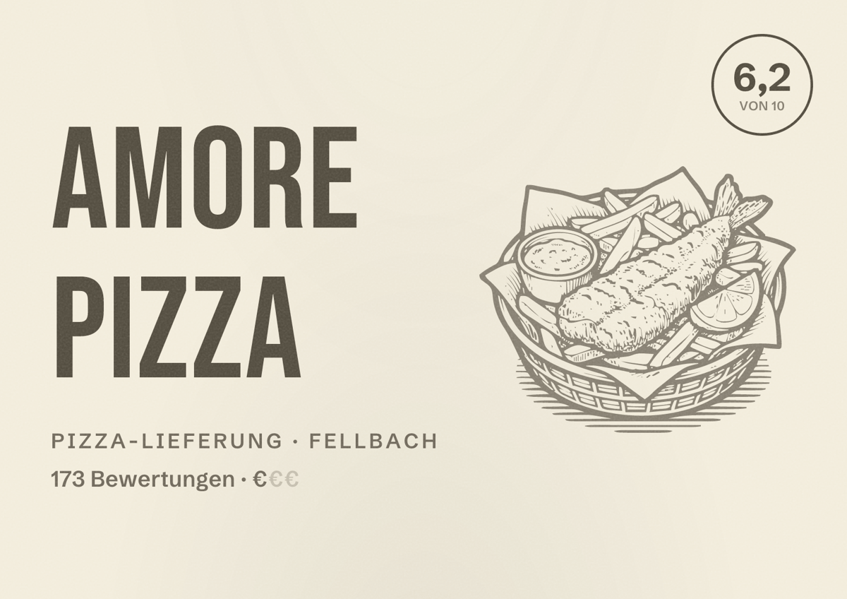 Illustriertes Poster von Amore Pizza, Pizza-Lieferung in Fellbach: Bewertung 6,2 von 10 aus 173 Bewertungen, Preisniveau €