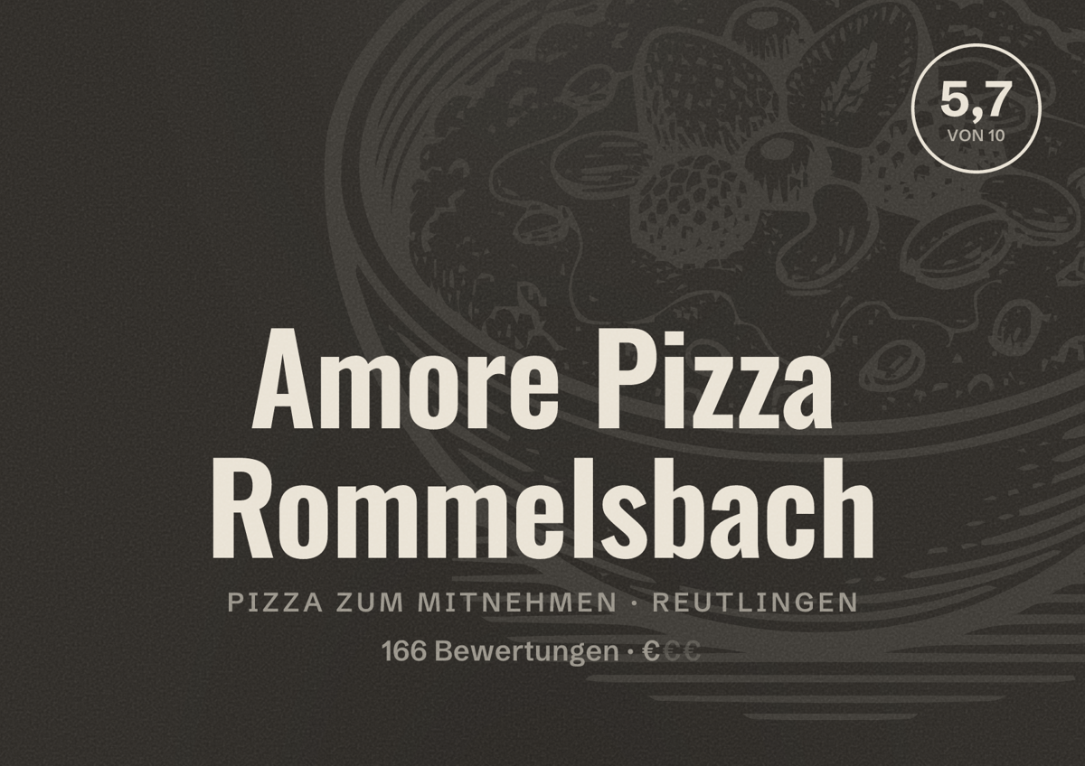 Illustriertes Poster von Amore Pizza Rommelsbach, Pizza zum Mitnehmen in Reutlingen: Bewertung 5,7 von 10 aus 166 Bewertungen, Preisniveau €