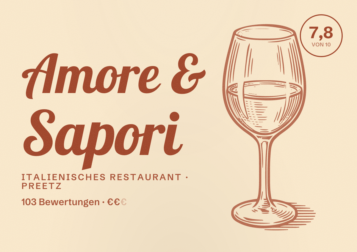 Illustriertes Poster von Amore & Sapori, Italienisches Restaurant in Preetz: Bewertung 7,8 von 10 aus 103 Bewertungen, Preisniveau €€