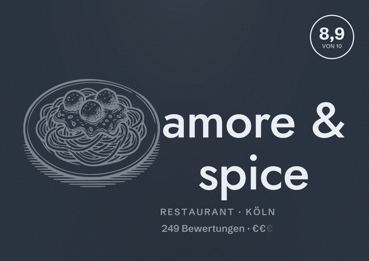 Illustriertes Poster von amore & spice, Restaurant in Köln: Bewertung 8,9 von 10 aus 249 Bewertungen, Preisniveau €€