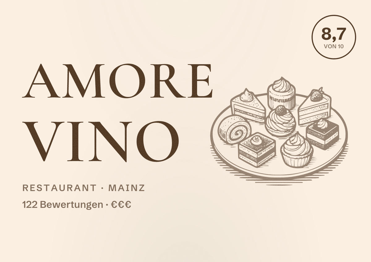 Illustriertes Poster von Amore Vino, Restaurant in Mainz: Bewertung 8,7 von 10 aus 122 Bewertungen, Preisniveau €€€