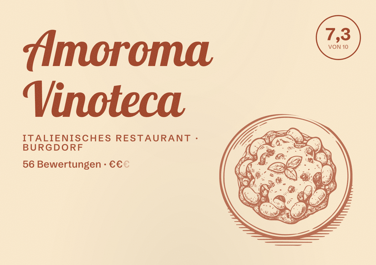 Illustriertes Poster von Amoroma Vinoteca, Italienisches Restaurant in Burgdorf: Bewertung 7,3 von 10 aus 56 Bewertungen, Preisniveau €€