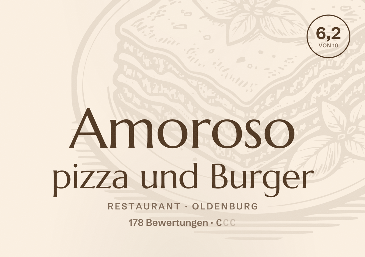Illustriertes Poster von Amoroso pizza und Burger, Restaurant in Oldenburg: Bewertung 6,2 von 10 aus 178 Bewertungen, Preisniveau €