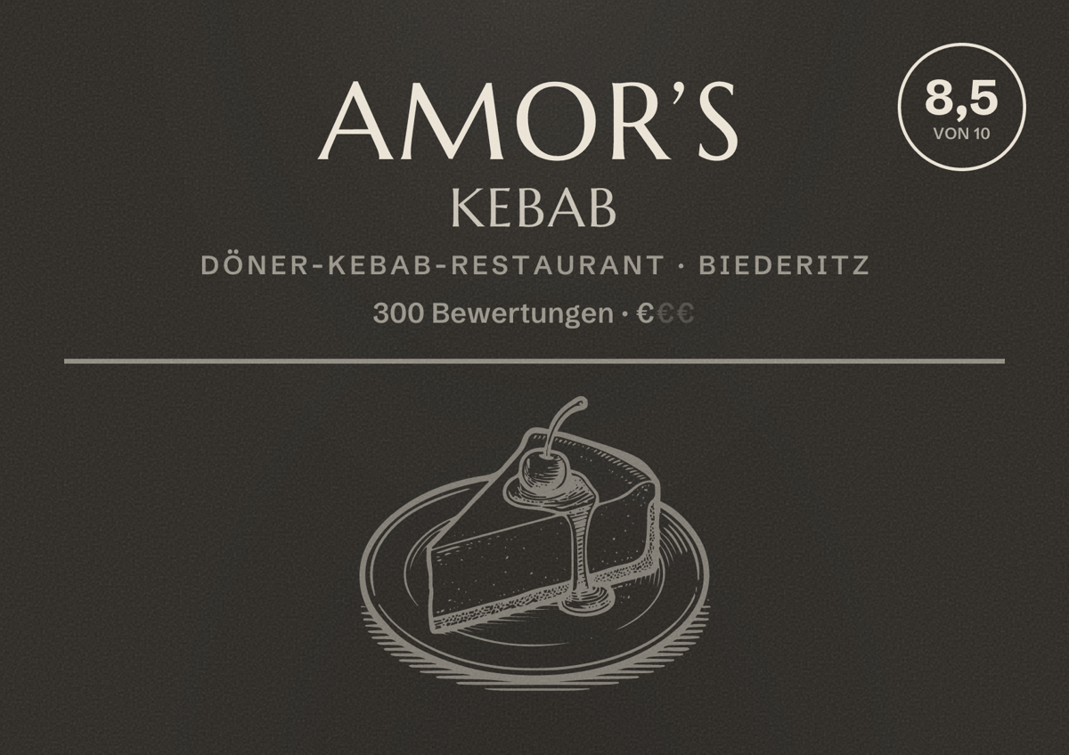 Illustriertes Poster von Amor’s Kebab, Döner-Kebab-Restaurant in Biederitz: Bewertung 8,5 von 10 aus 300 Bewertungen, Preisniveau €