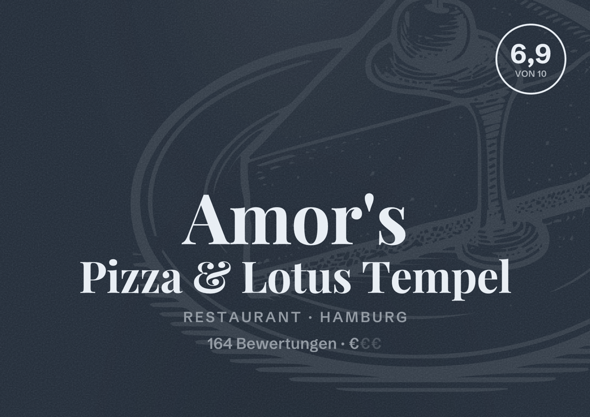 Illustriertes Poster von Amor's Pizza & Lotus Tempel, Restaurant in Hamburg: Bewertung 6,9 von 10 aus 164 Bewertungen, Preisniveau €