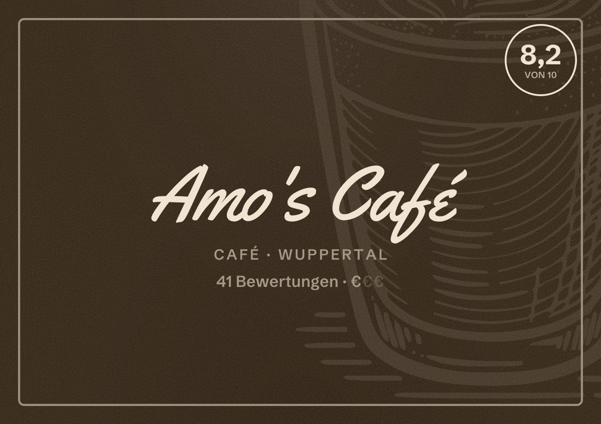 Illustriertes Poster von Amo's Café, Café in Wuppertal: Bewertung 8,2 von 10 aus 41 Bewertungen, Preisniveau €