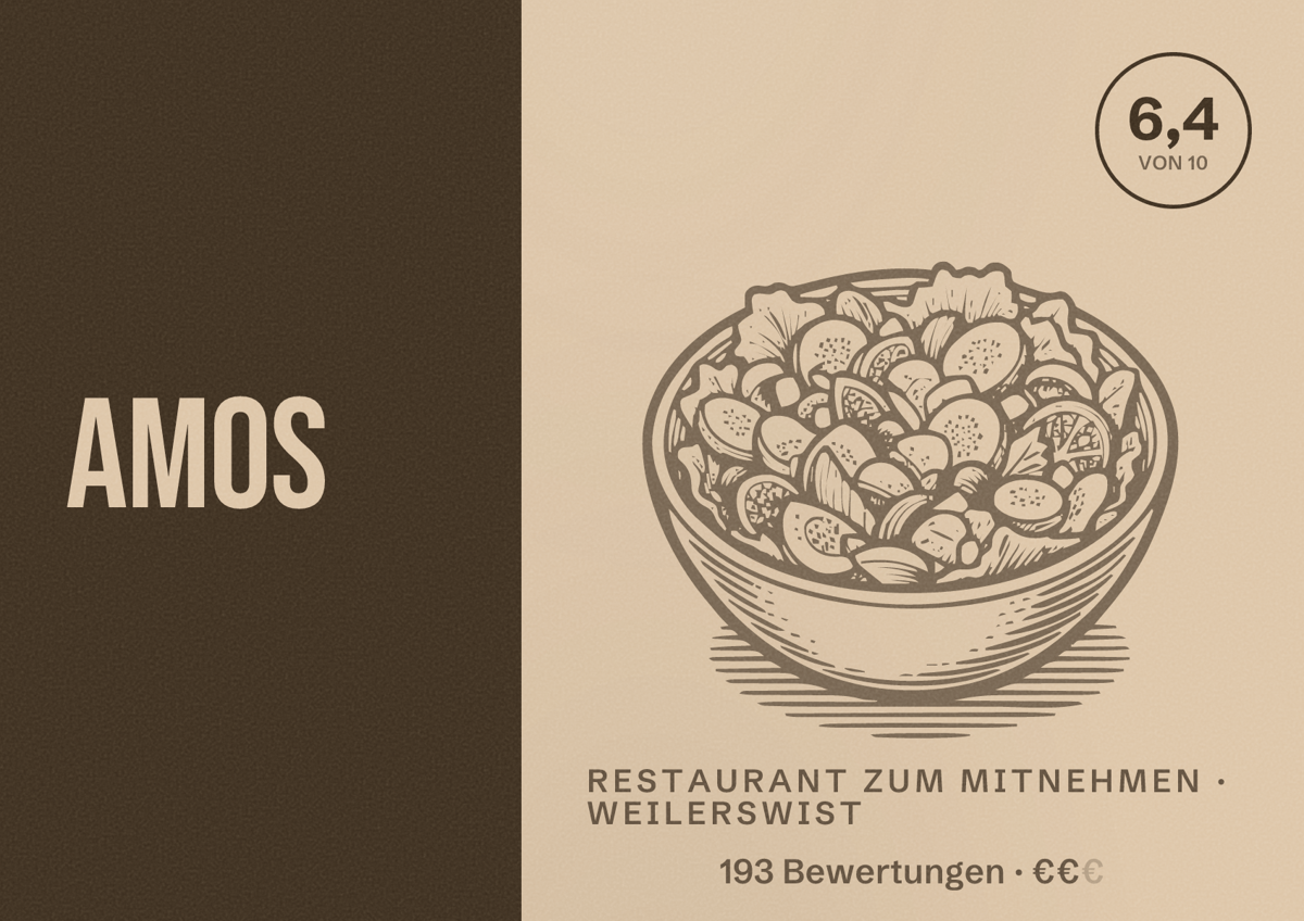 Illustriertes Poster von Amos, Restaurant zum Mitnehmen in Weilerswist: Bewertung 6,4 von 10 aus 193 Bewertungen, Preisniveau €€