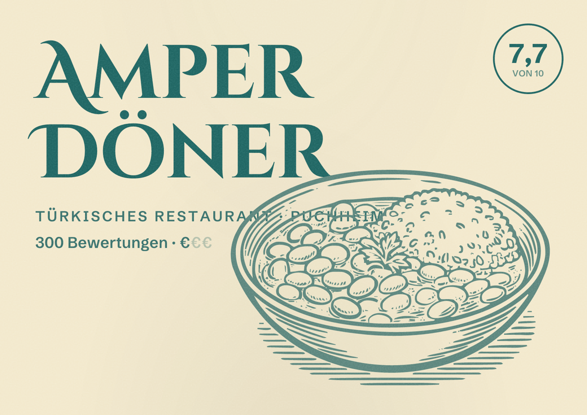 Illustriertes Poster von Amper Döner, Türkisches Restaurant in Puchheim: Bewertung 7,7 von 10 aus 300 Bewertungen, Preisniveau €