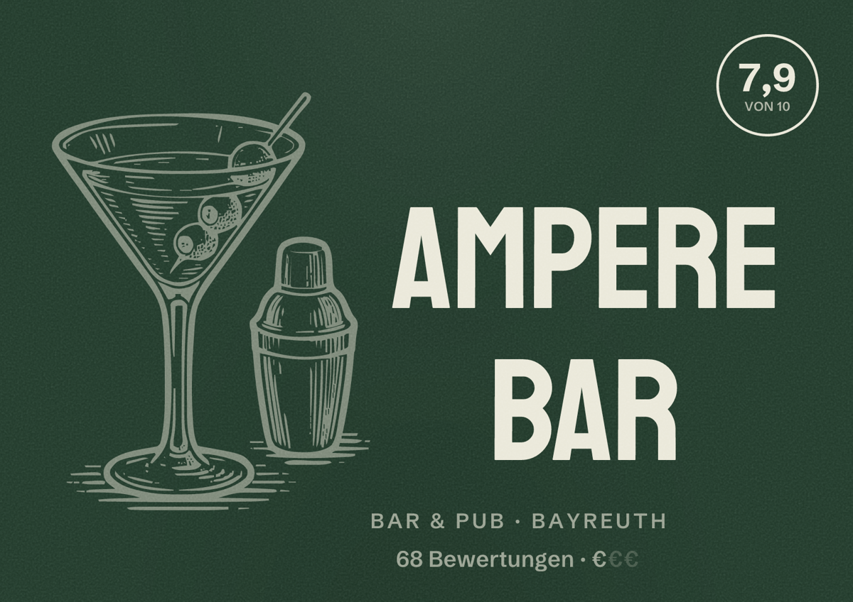 Illustriertes Poster von AMPERE Bar, Bar & Pub in Bayreuth: Bewertung 7,9 von 10 aus 68 Bewertungen, Preisniveau €
