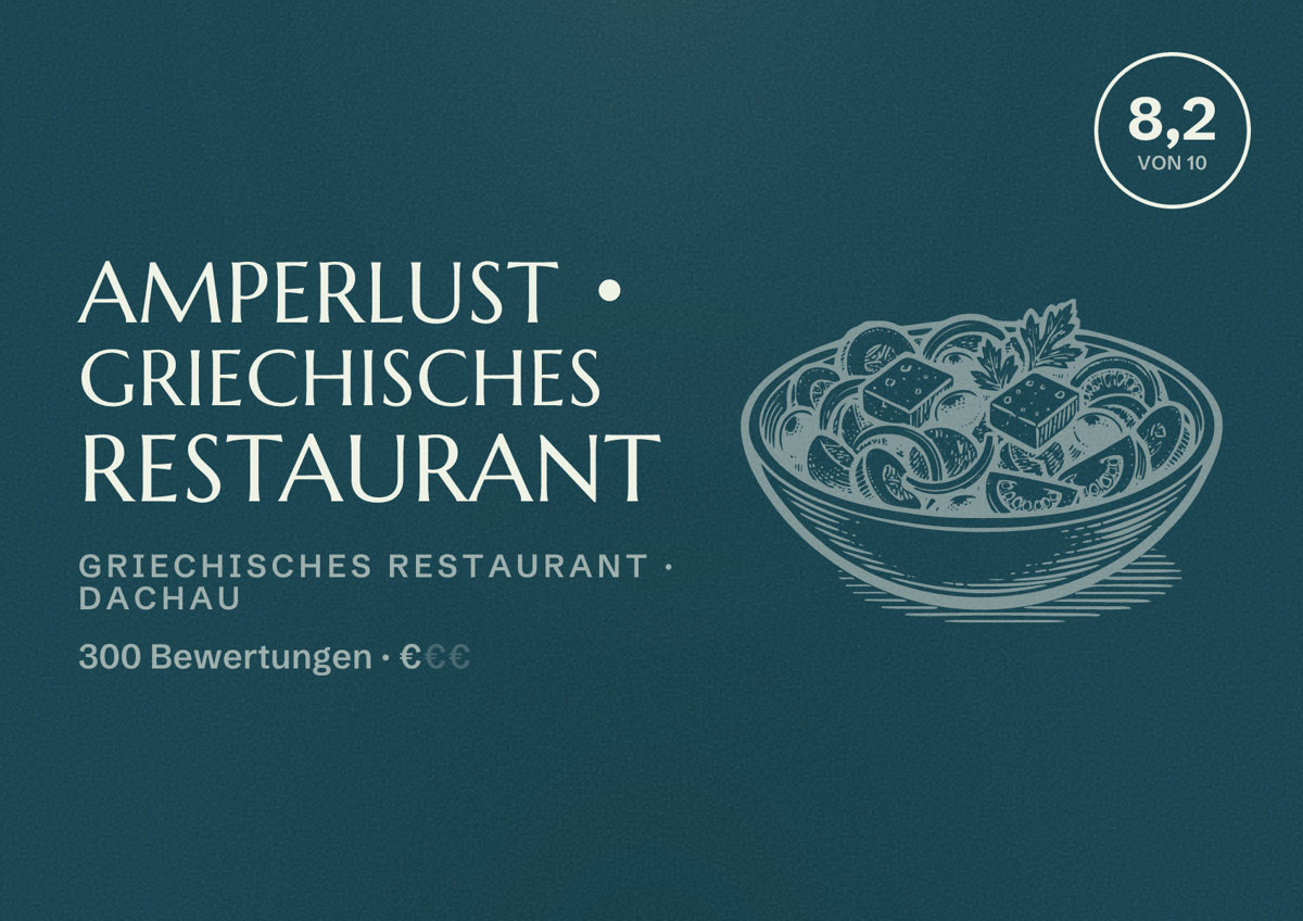 Illustriertes Poster von Amperlust • Griechisches Restaurant, Griechisches Restaurant in Dachau: Bewertung 8,2 von 10 aus 300 Bewertungen, Preisniveau €