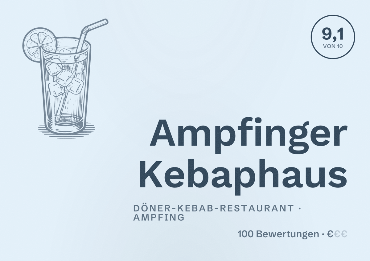 Illustriertes Poster von Ampfinger Kebaphaus, Döner-Kebab-Restaurant in Ampfing: Bewertung 9,1 von 10 aus 100 Bewertungen, Preisniveau €