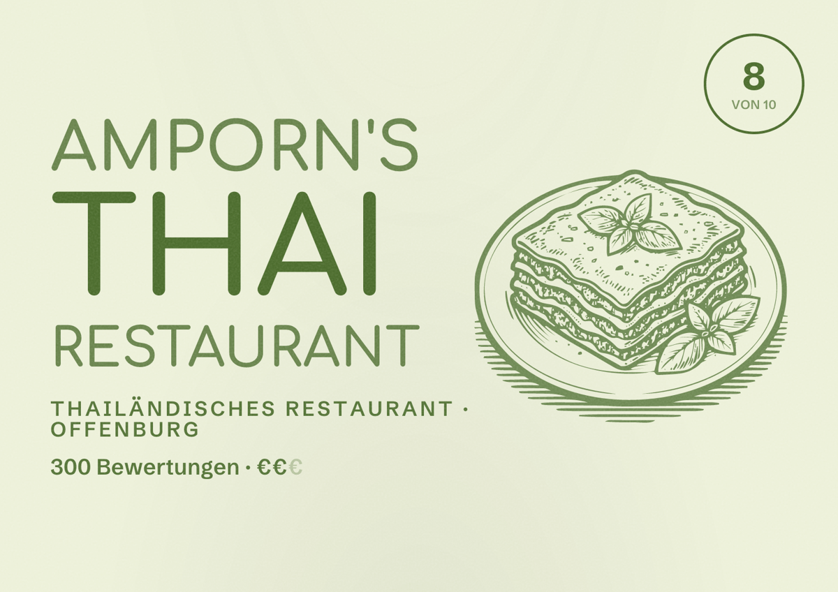 Illustriertes Poster von Amporn's Thai Restaurant, Thailändisches Restaurant in Offenburg: Bewertung 8 von 10 aus 300 Bewertungen, Preisniveau €€
